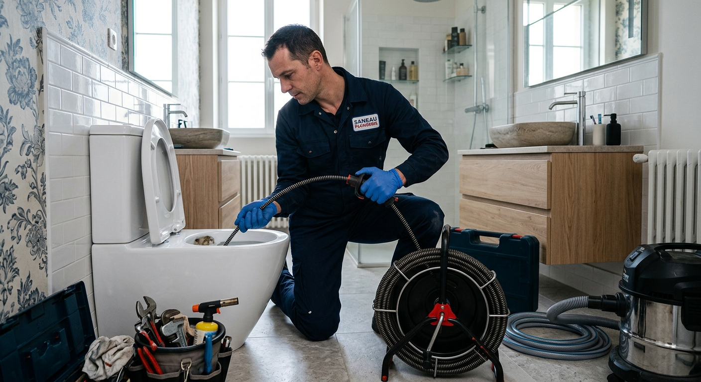 Plombier débouchant des WC avec un furet électrique à Saint-Denis